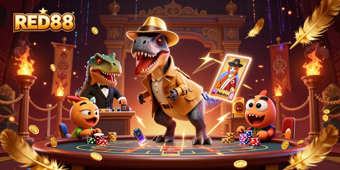 RED88 game scene showcasing a cartoon velociraptor at a blackjack table amidst swirling golden effects