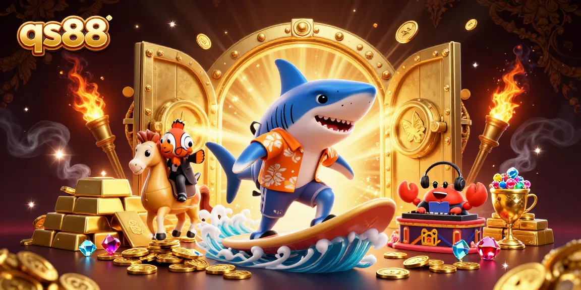 qs88 players enjoy winning thrills with vibrant 3D casino elements, gold coins, and game symbols.
