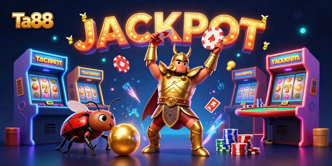 Ta88 brings excitement with a golden-armored beetle celebrating a poker win in a vibrant 3D casino scene.