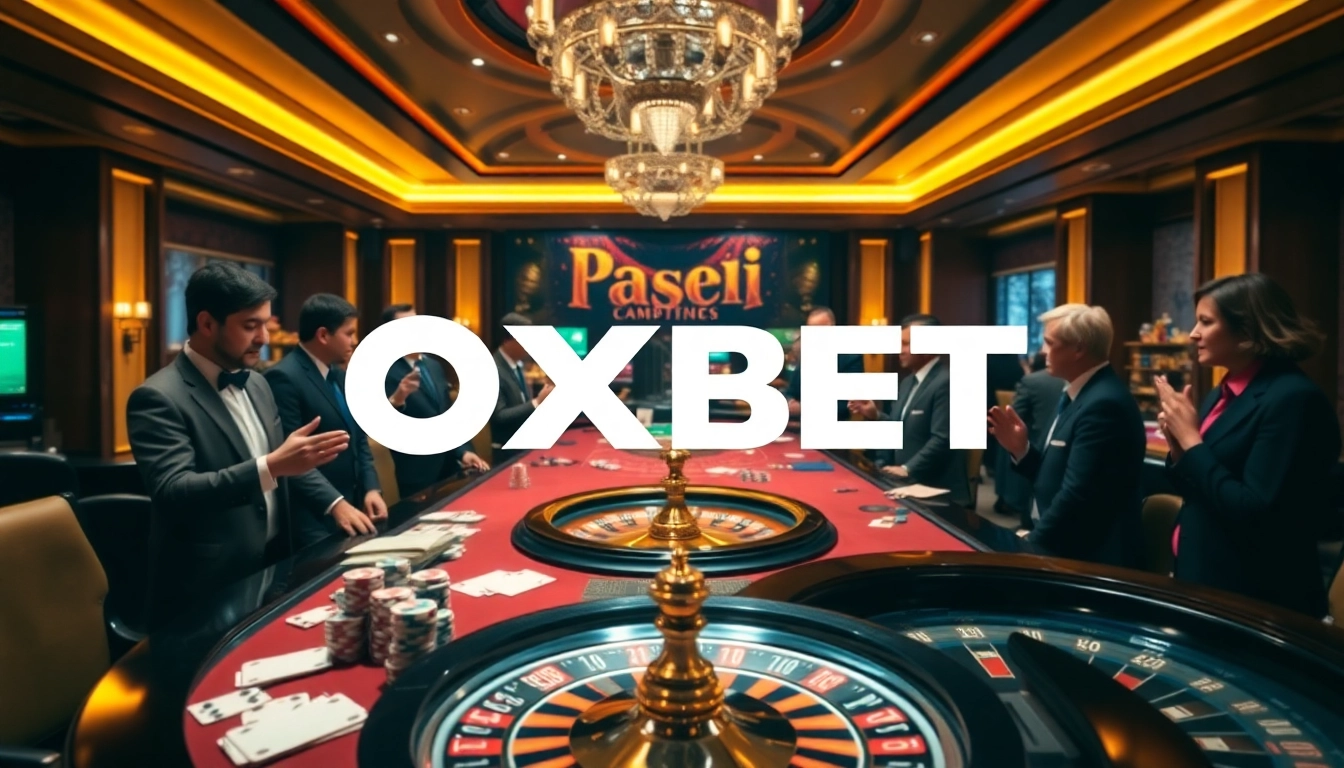 Exciting casino scene with OXBET brand elements, professional dealers, and vibrant gaming atmosphere.