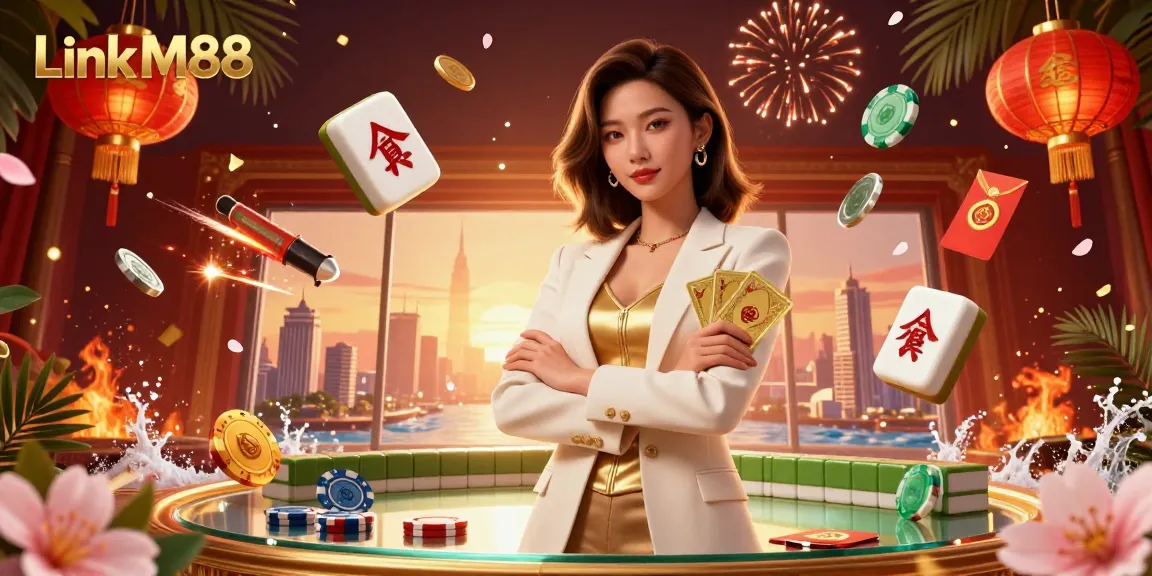 Engage with Link M88: Experience an elegant casino scene filled with vibrant mahjong and poker elements.