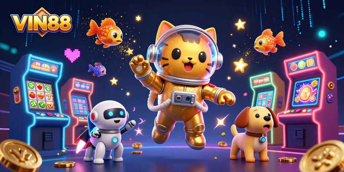 Join the excitement of VIN88 with a vibrant 3D casino scene featuring dynamic gaming elements.