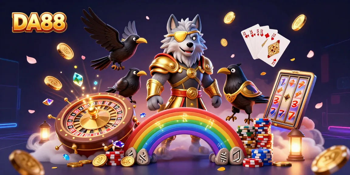 Experience the DA88 journey with Odin and ravens amidst vibrant casino elements and treasures.