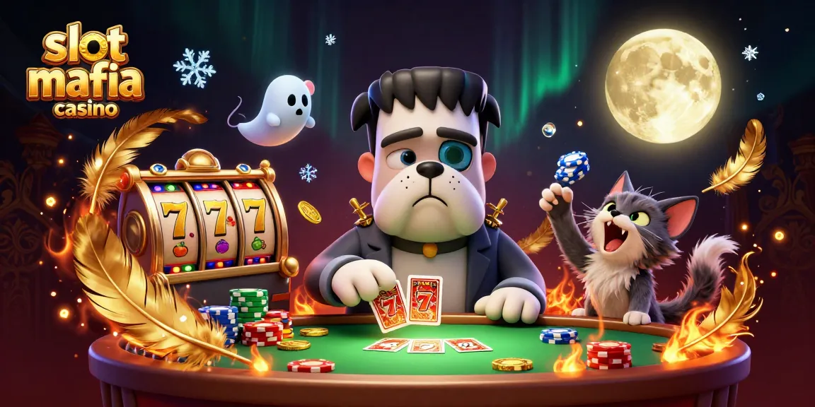 Experience thrilling gameplay at slot mafia casino with a spooky themed illustration featuring unique characters and slots.