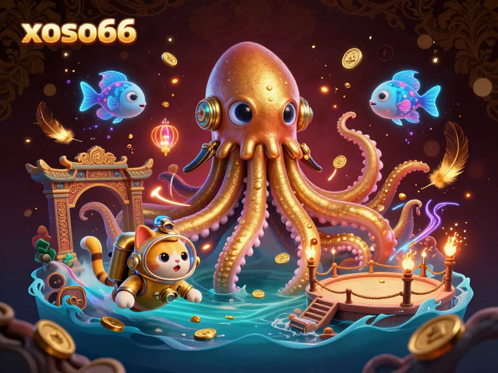 Play exciting games with xoso66, featuring a kraken and diving cat in an engaging casino-themed underwater scene.