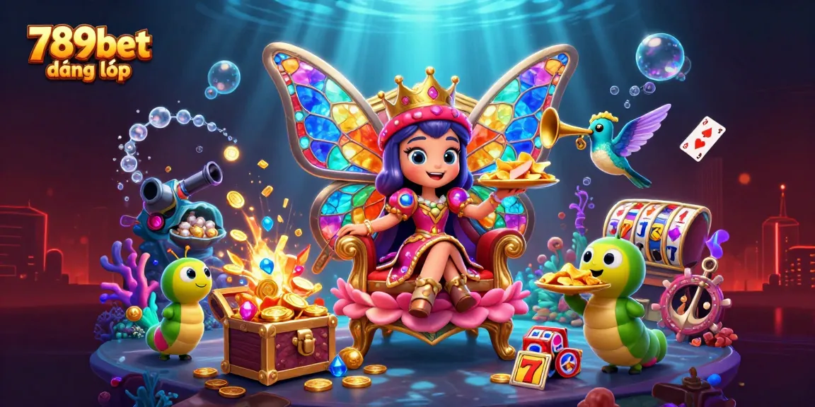 Engage with innovative gaming thrills at 789bet đăng nhập, featuring rich visuals of slots, butterfly queen, and treasures.