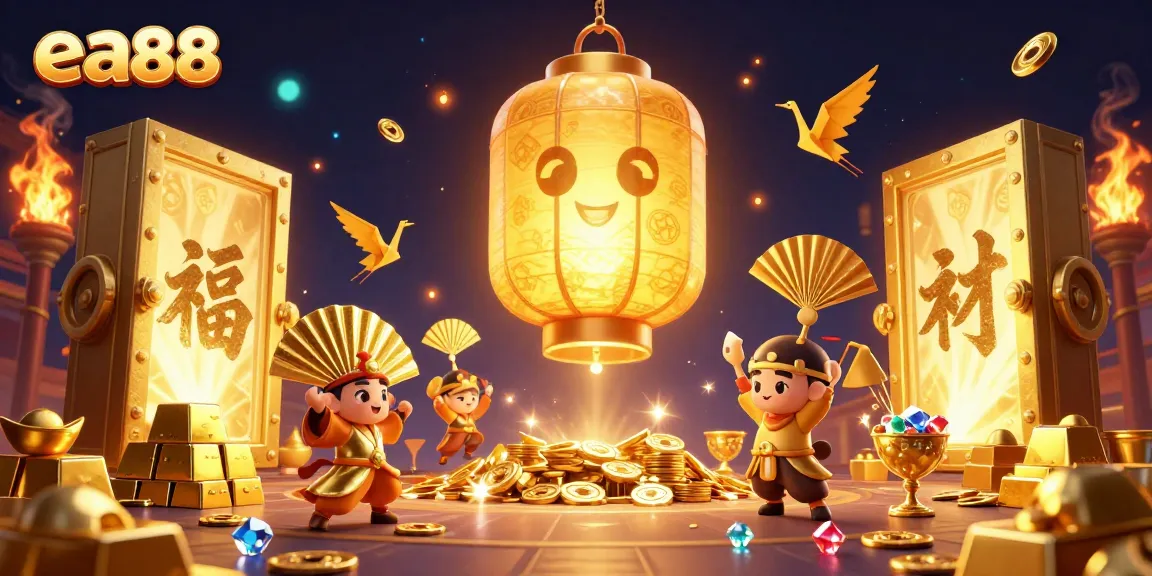 Win big with ea88 in this lively conceptual casino illustration featuring golden treasures and vibrant symbols.