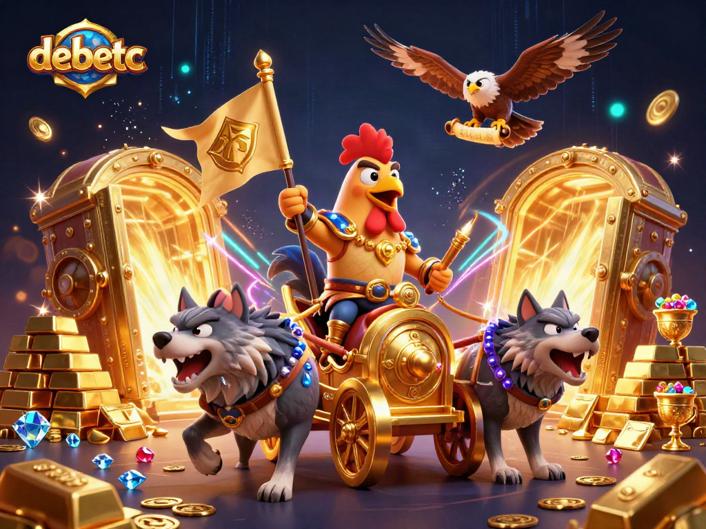 Join the adventure at debetc with a cartoon rooster warlord leading a treasure-filled casino scene.