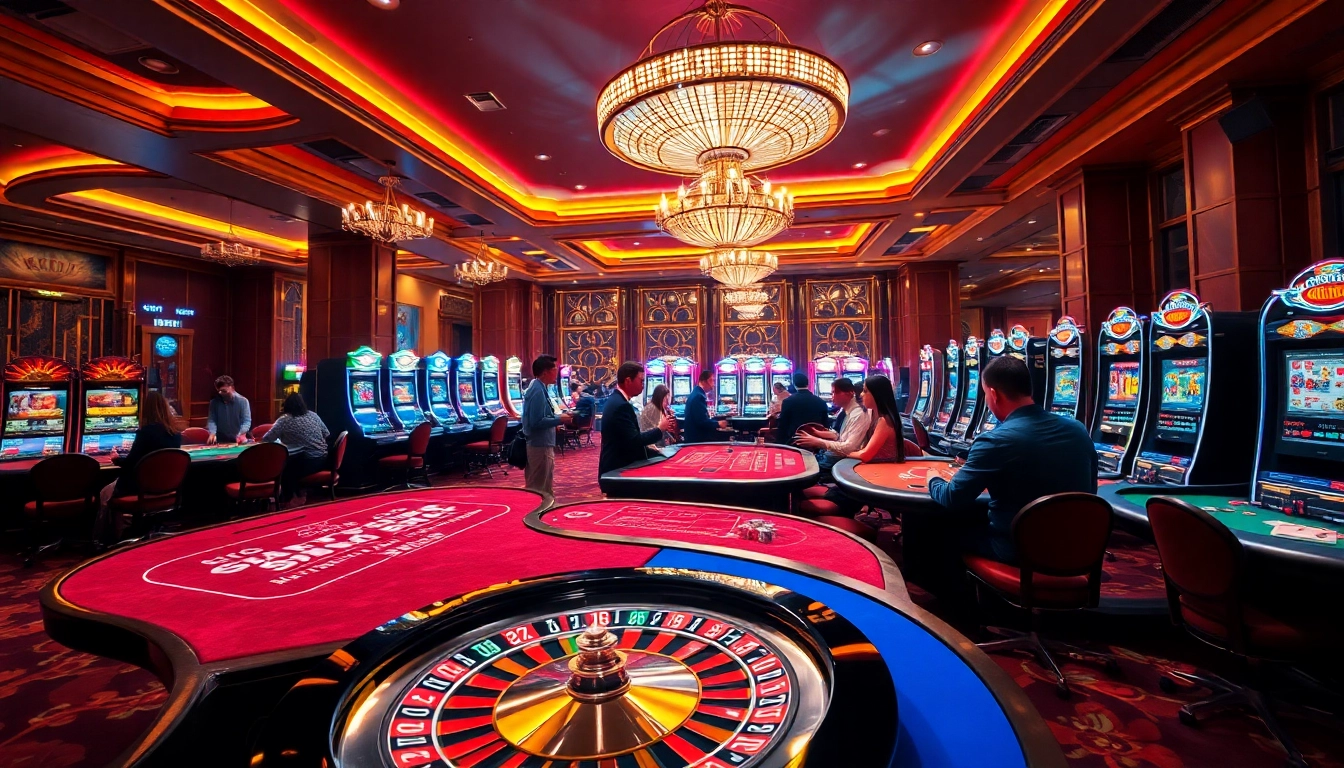 Engaging casino atmosphere at SKY88, featuring players at roulette and blackjack tables.