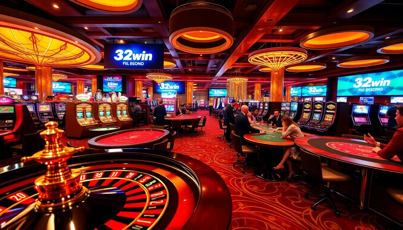 Players enjoying games at 32win casino featuring vibrant tables and slot machines.