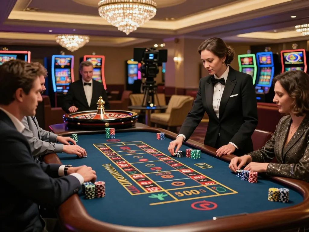 BL555 players eagerly betting at a roulette table with vibrant chips and a spinning wheel.