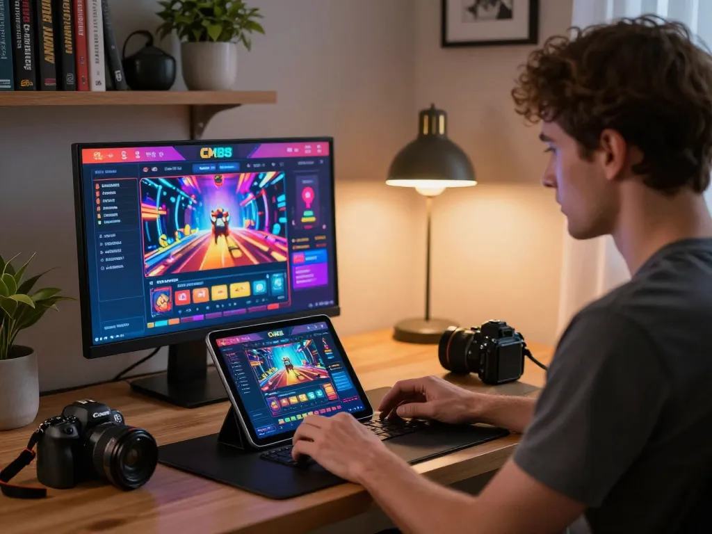 A player engaging with the CM88 sports betting app on a tablet in a cozy gaming setup