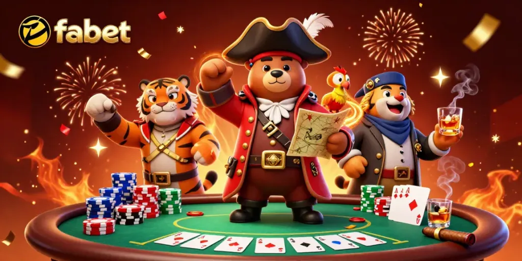 Experience the thrill of fabet as the pirate captain and his crew celebrate at the poker table.