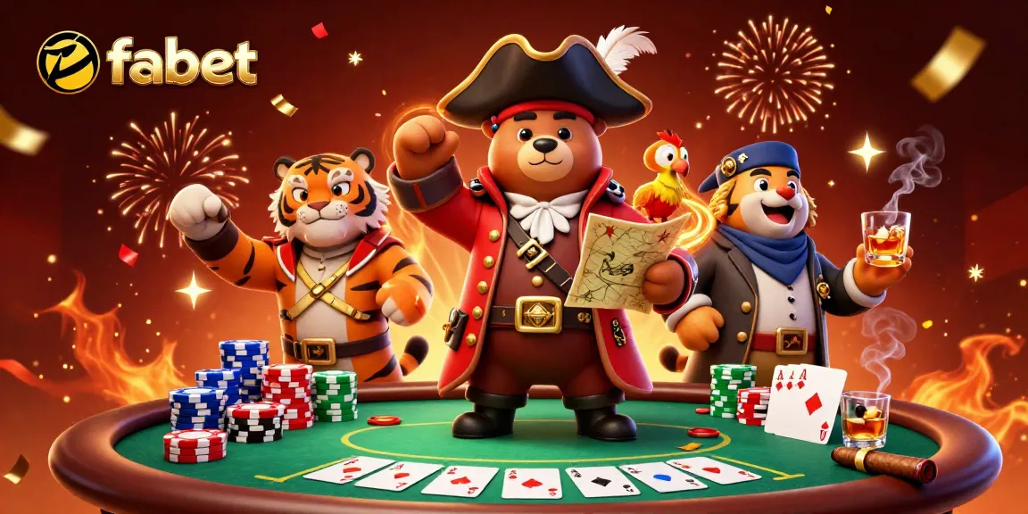 Experience the thrill of fabet as the pirate captain and his crew celebrate at the poker table.