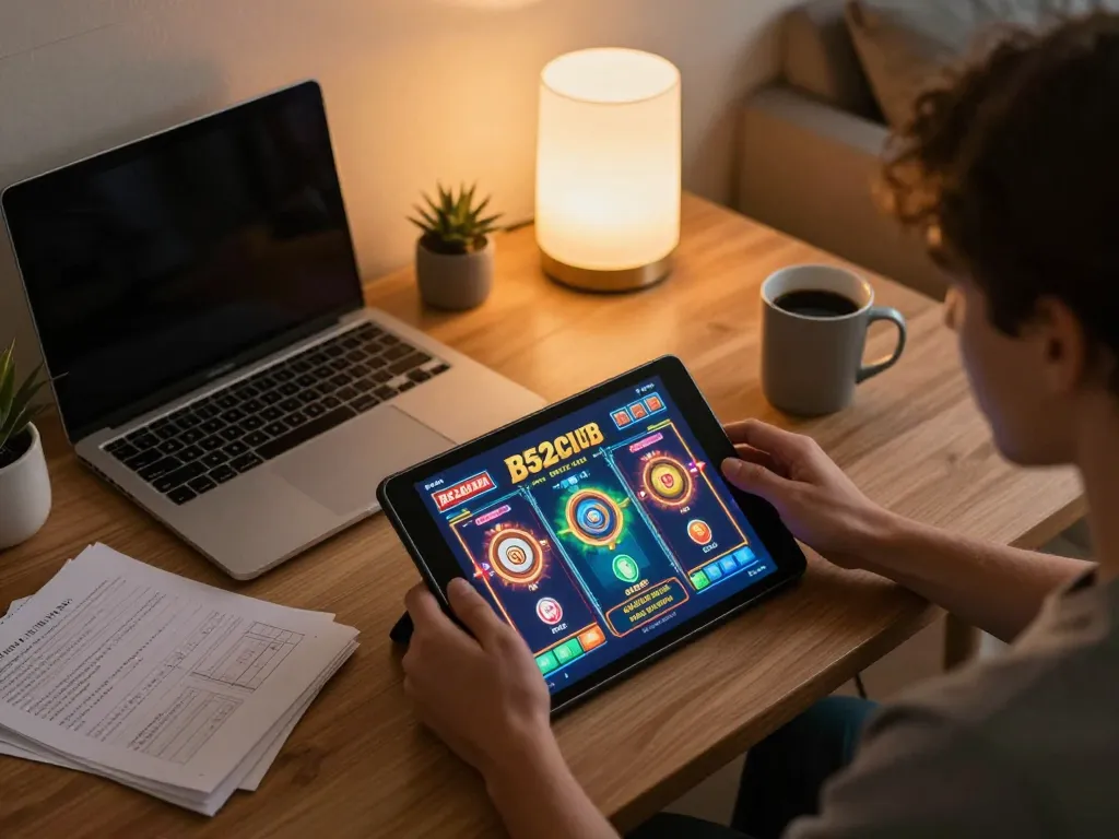 B52club player enjoying online slots at home with strategic notes and cozy ambiance.
