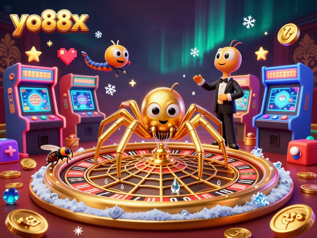 Place bets nervously in the vibrant world of yo88x with characters spinning a golden roulette web.