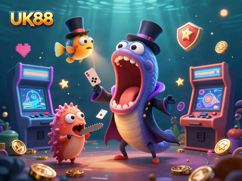 Experience excitement at UK88 with a spectacular 3D illustration of magical deep-sea creatures engaging in casino fun.