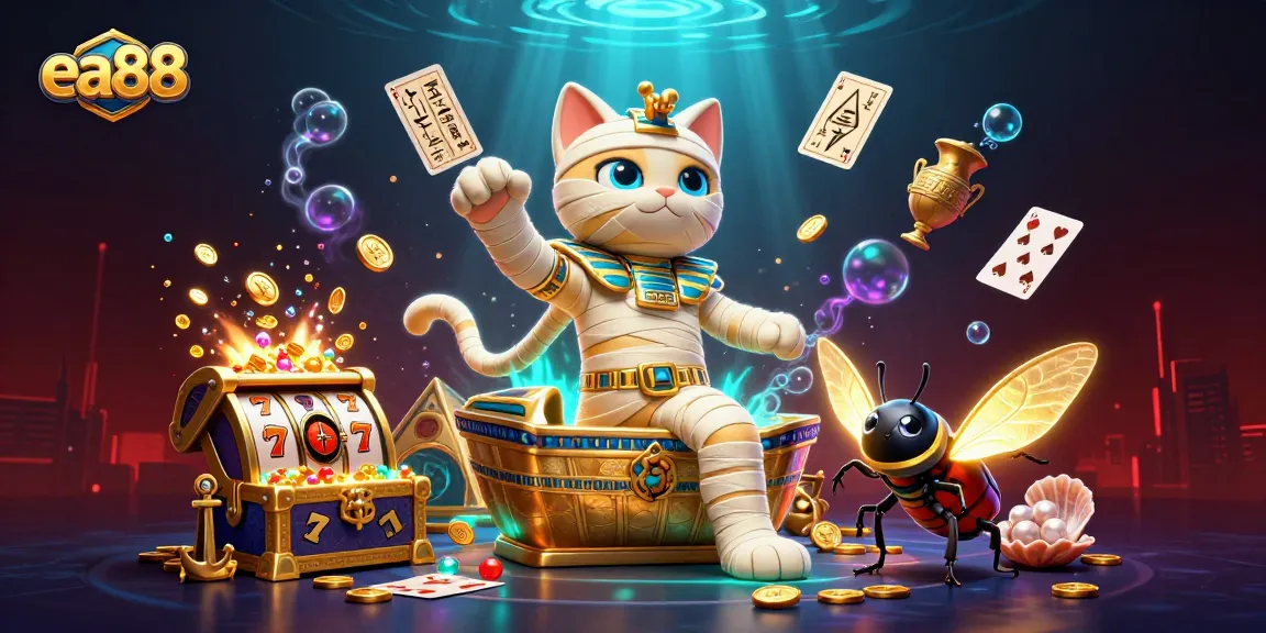 ea88-themed 3D casino illustration featuring a mummy cat, slot reels, and glowing treasures.