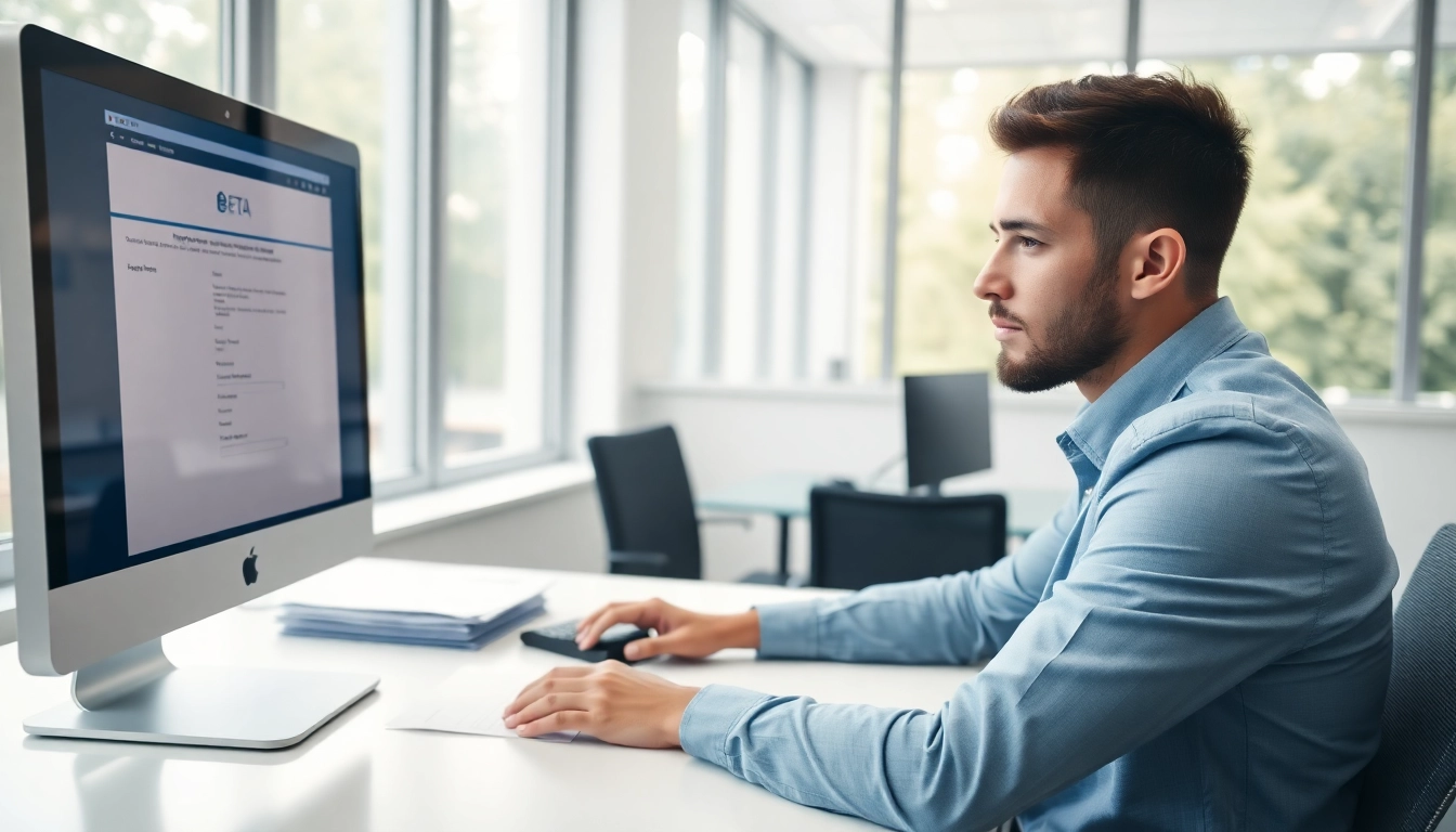 Submit an eta application uk in a modern office setting with focused professionalism.