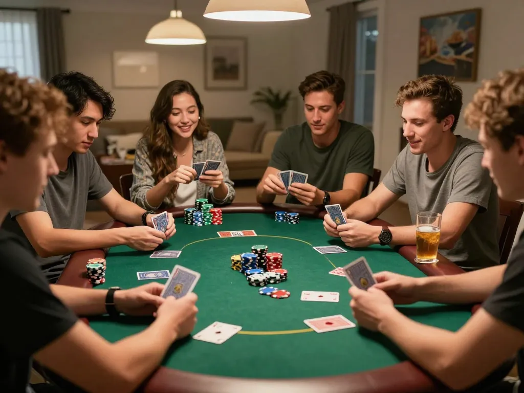 Players enjoy a thrilling game of Texas Hold'em at home, showcasing OPEN888 poker strategies and excitement.