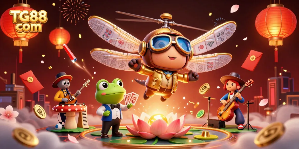 Play cards with the frog croupier at TG88 com's lily pad casino, surrounded by festive elements.