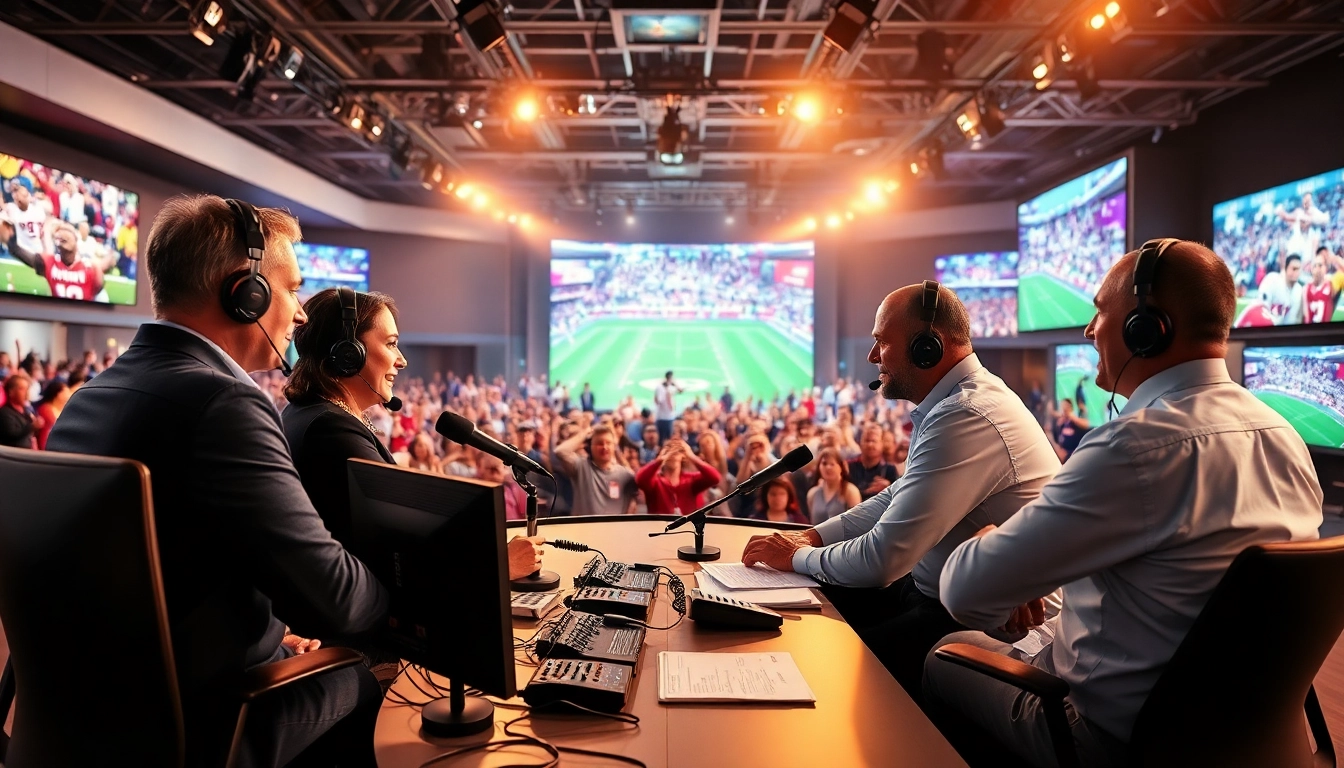 Engaging scene of sports broadcasting with broadcasters discussing latest sports events.