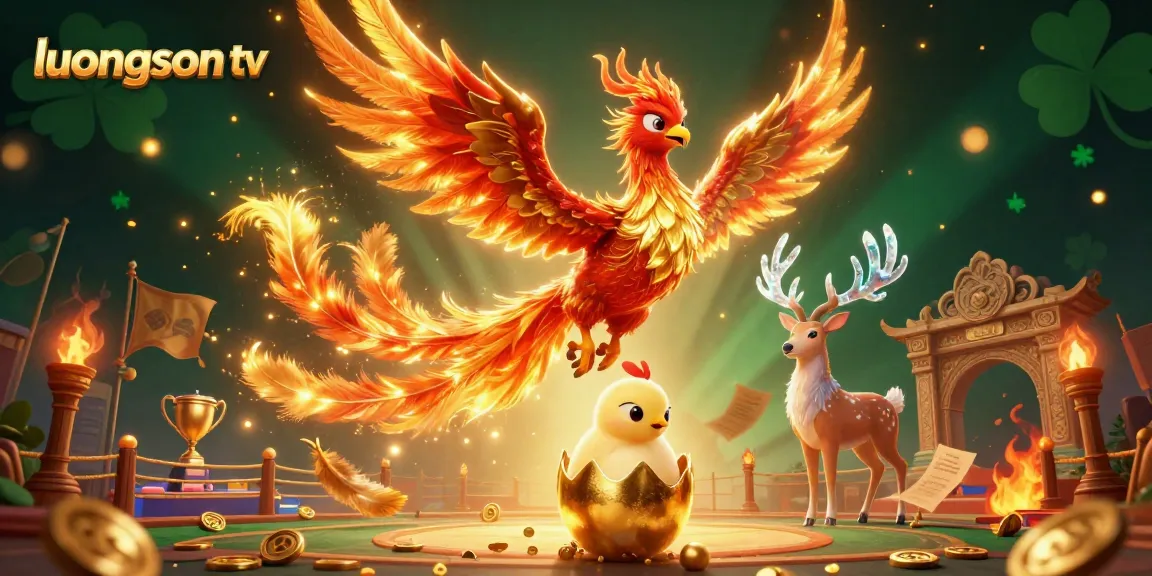 Bet on exciting matches with luongson tv, featuring the fiery phoenix and mystical stag in a vibrant scene.