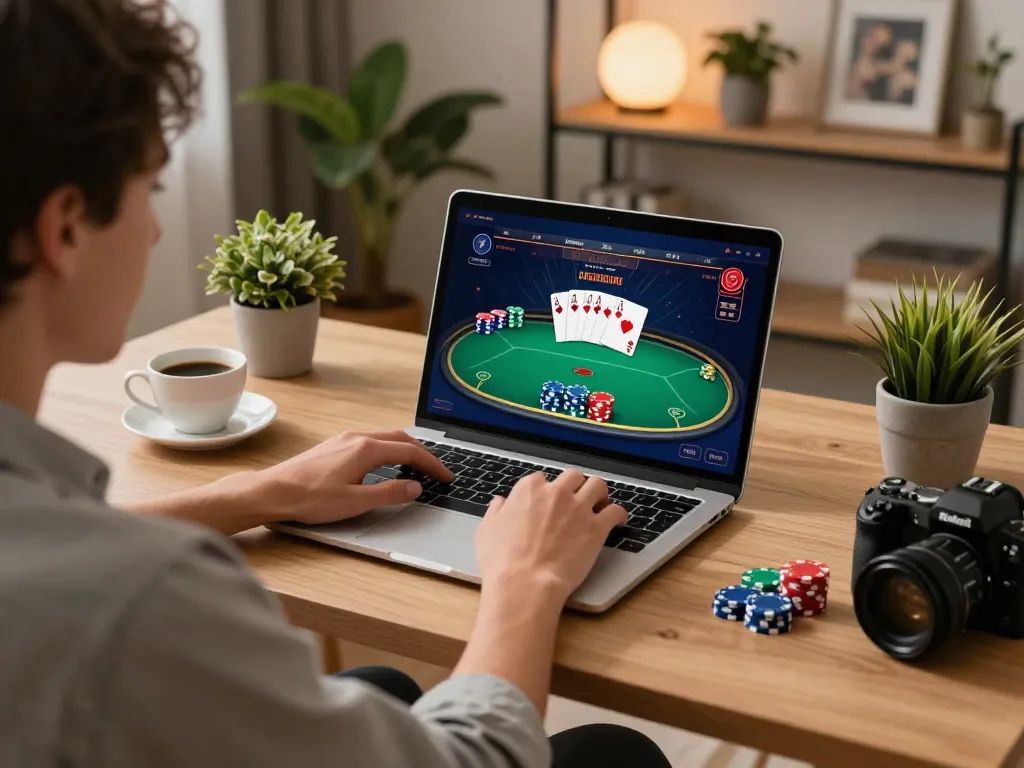 Engaging moment at vip79 online, player focused on poker game with cards and chips on screen.