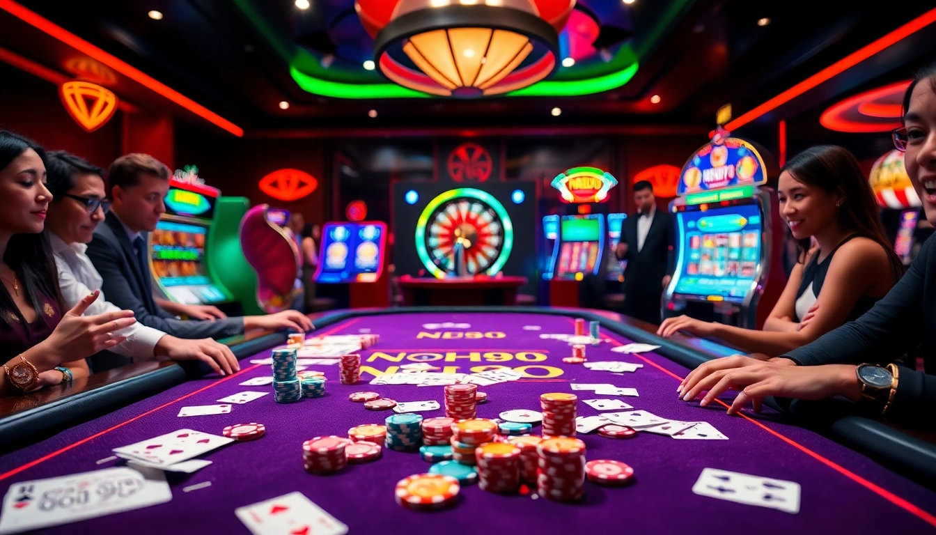 Experience the thrill of NOHU90 with an exciting casino scene featuring vibrant gaming elements.