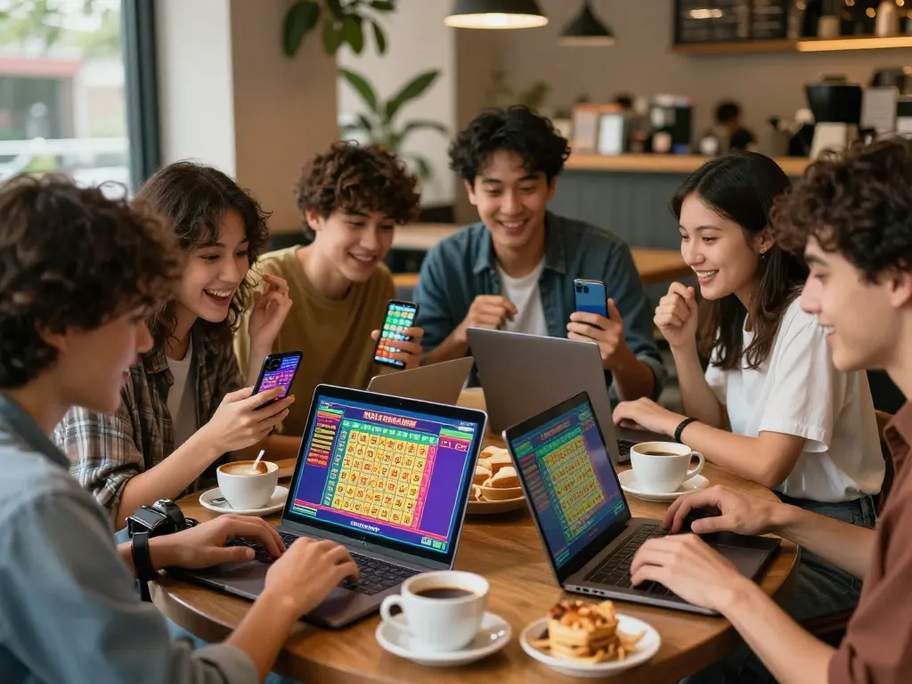 Engaged players participating in lô đề online games at a café, showcasing a vibrant social betting atmosphere.