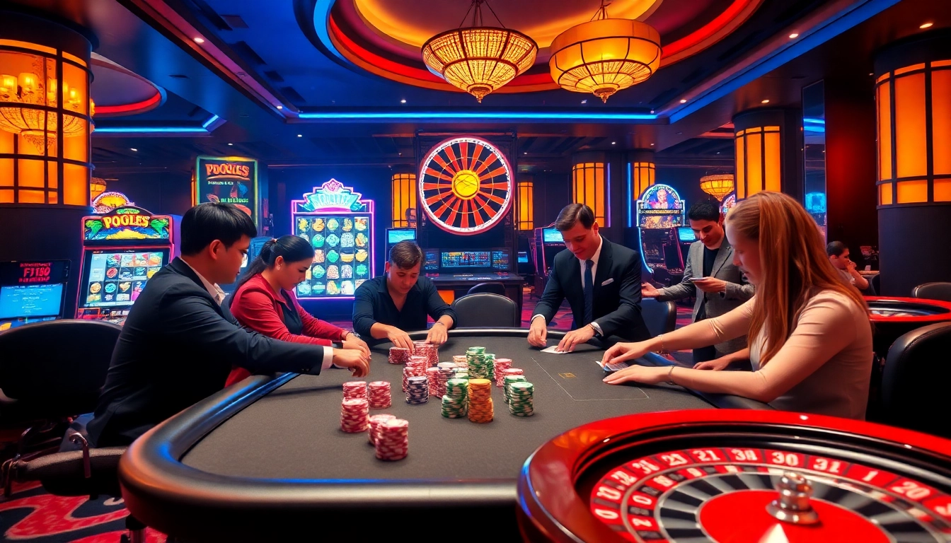 Engaging players at Nhà cái F168 enjoy a vibrant casino atmosphere with poker, roulette, and slots.