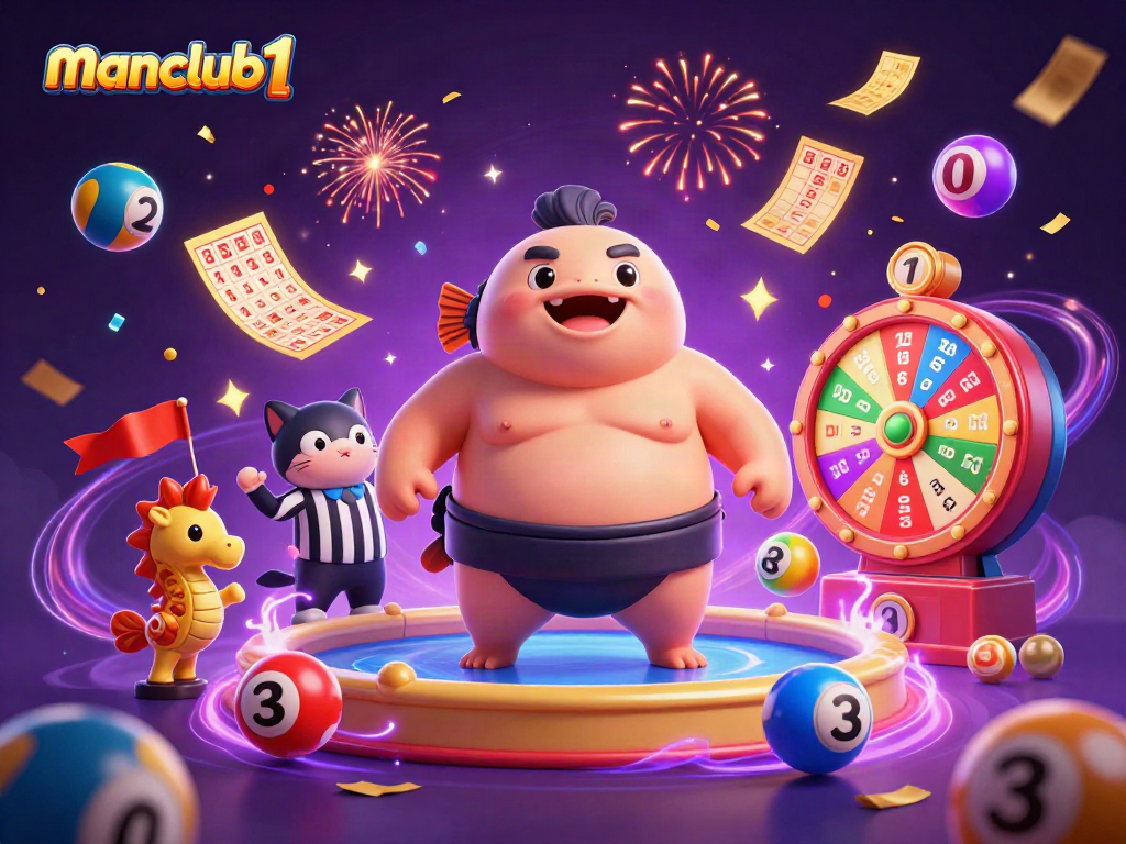 Engage with manclub1's vibrant lottery scene featuring a fugu in a sumo belt surrounded by excitement.