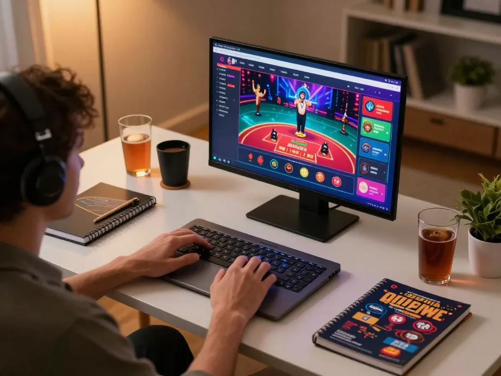 Person engaging in online gaming with lc88 on a laptop, highlighting a live dealer experience in a comfortable home setting