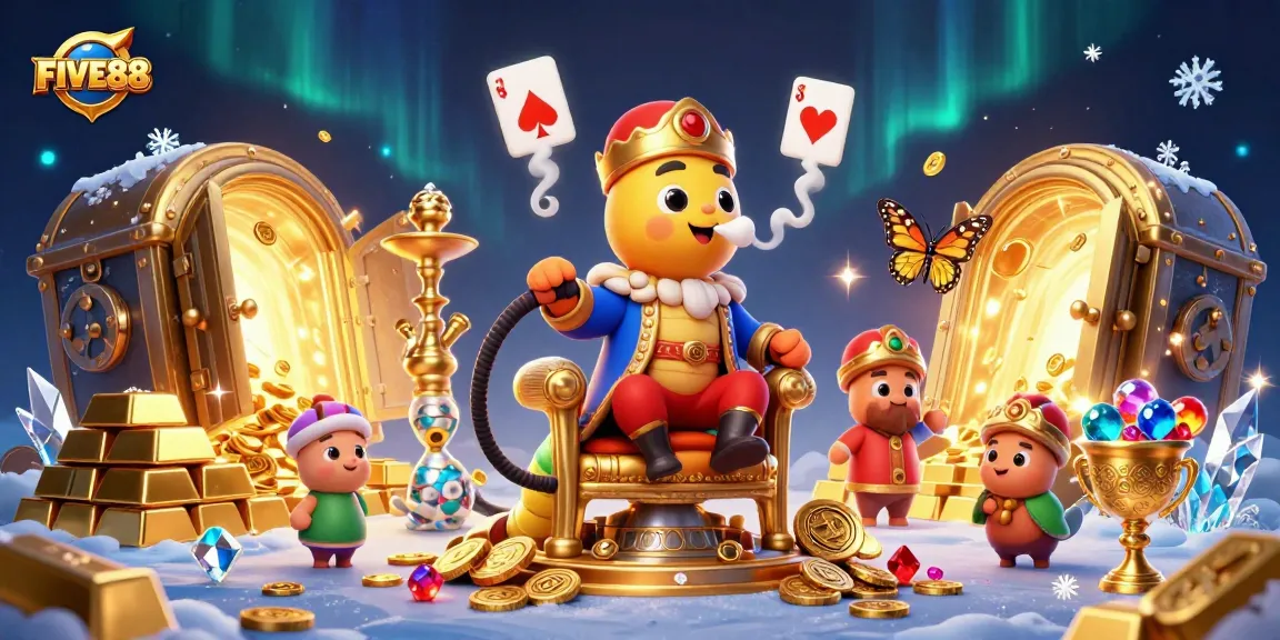 Experience FIVE88 excitement with a vibrant 3D casino scene filled with gold and gems.