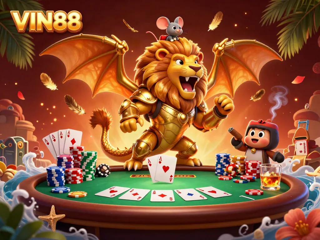 Experience the excitement of VIN88 with a dazzling 3D casino scene featuring a triumphant chimera and poker elements.