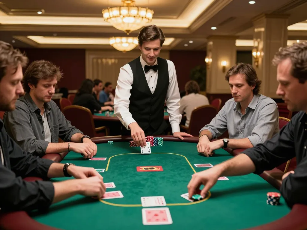 Engaging poker game scene showcasing players at sam86 in a luxurious casino setup.
