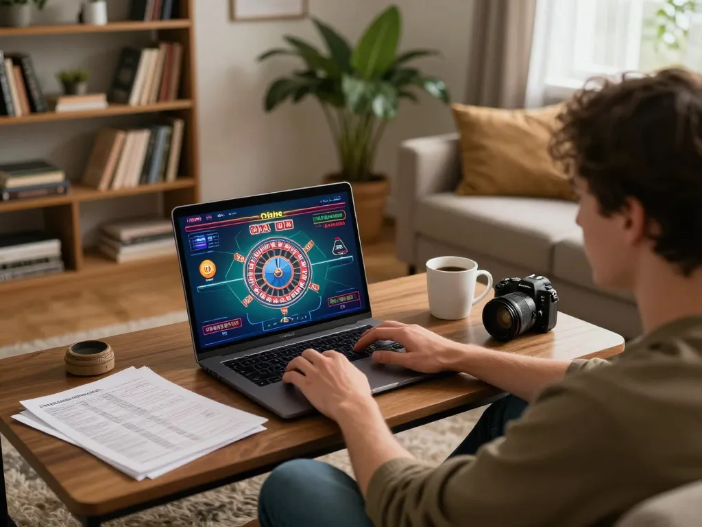 Player engages with an online casino on a laptop at home, showcasing a dynamic roulette game with the keyword 'rachit' present