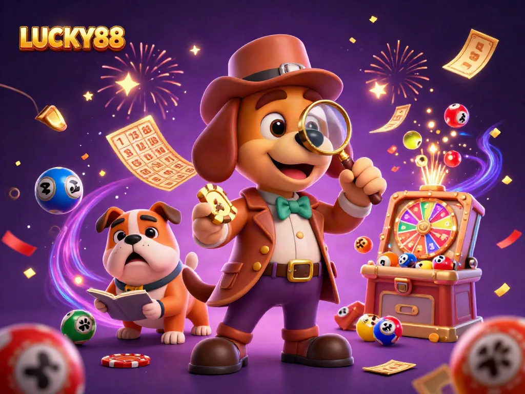 LUCKY88 detective and bulldog uncovering treasure among vibrant casino elements in a dynamic scene.