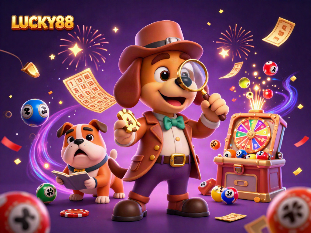 LUCKY88 detective and bulldog uncovering treasure among vibrant casino elements in a dynamic scene.