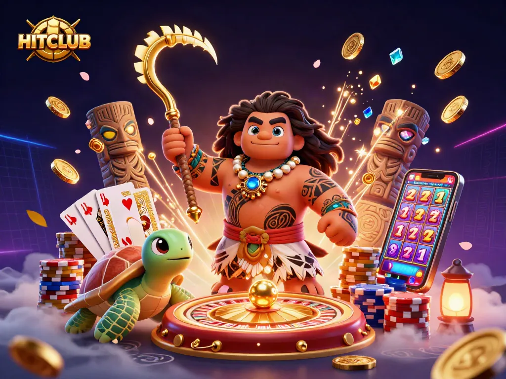 Engage in thrilling gameplay at HITCLUB with a vibrant illustration of casino elements and characters.