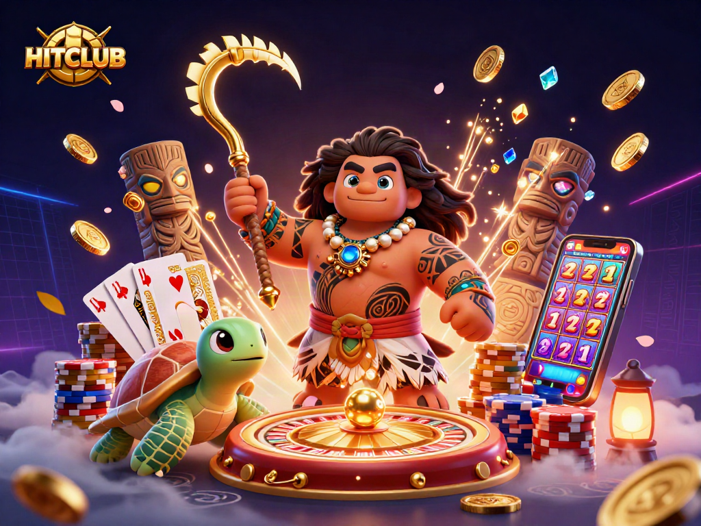 Engage in thrilling gameplay at HITCLUB with a vibrant illustration of casino elements and characters.