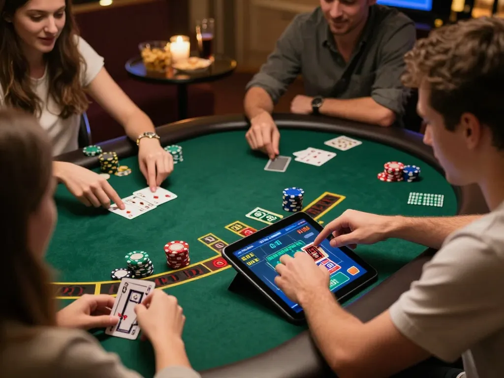 F8BET player strategizing during an online blackjack game with tablet, snacks, and ambient lighting