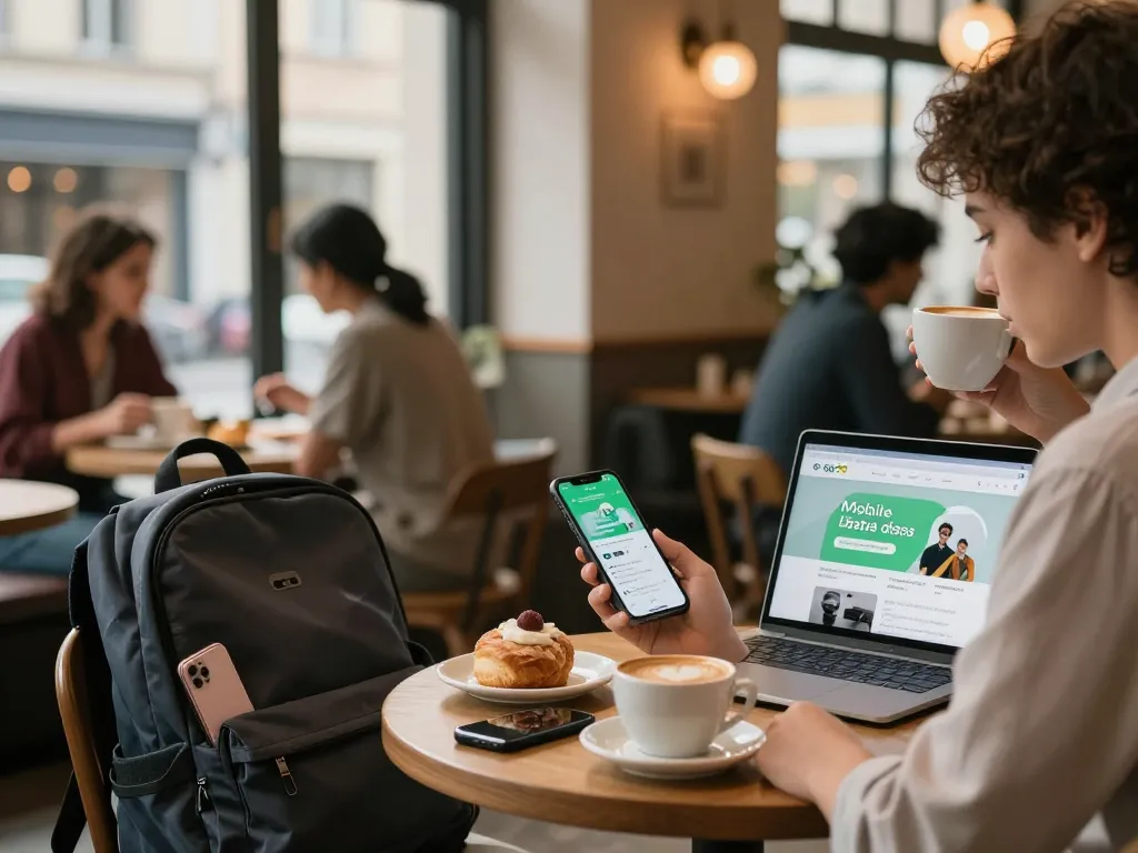 Youthful professional engaging with Go 99 mobile plan in urban café setting.