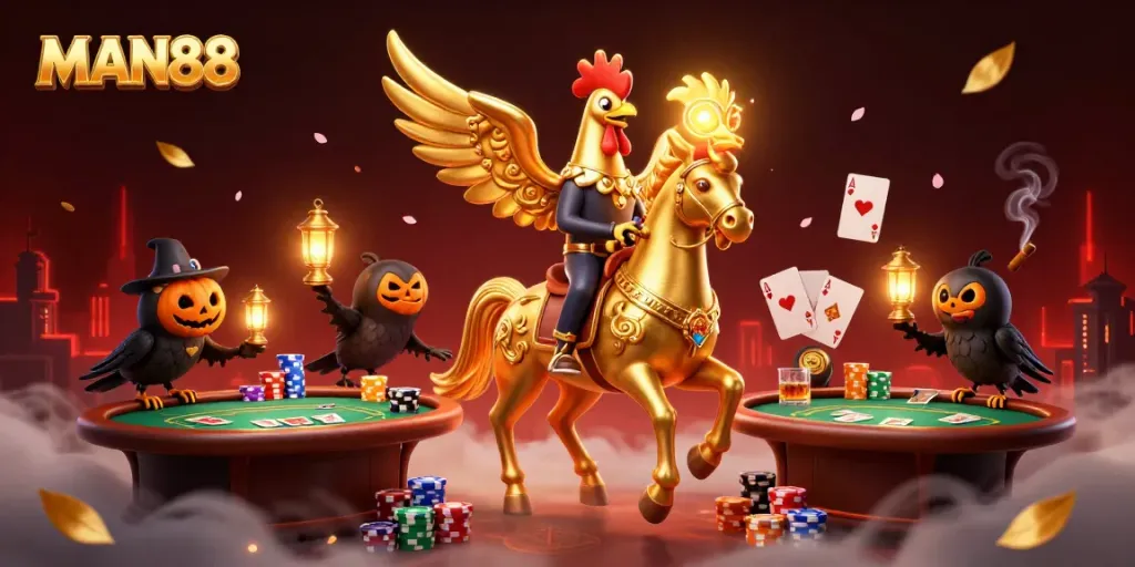 Experience thrilling gameplay at MAN88 with vibrant casino scenes featuring golden rooster and spectral horse.