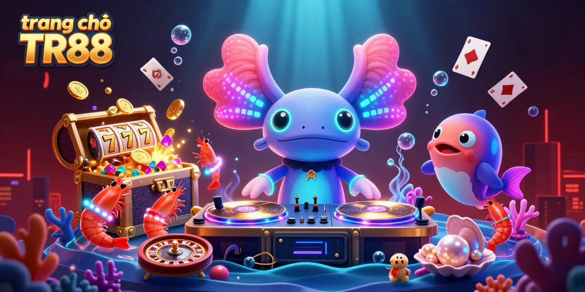 Engage in the vibrant action on trang chủ TR88, featuring lively axolotl DJ and energized shrimp dancers among casino elements.