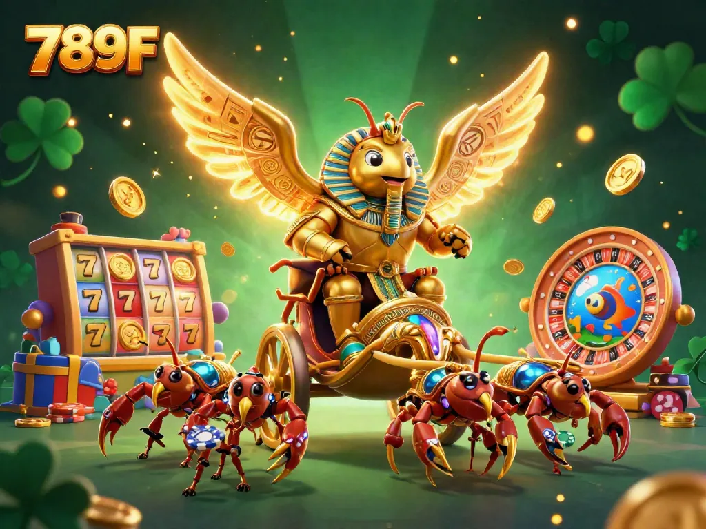 Engage with thrilling gaming adventures at 789F featuring stunning 3D visuals of a golden scarab and poker chips.