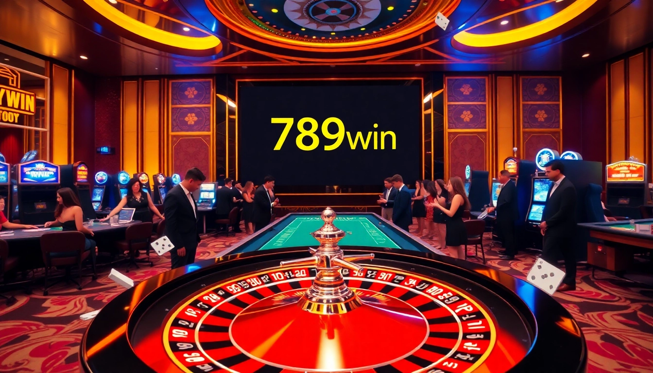 Excited players betting at a luxurious casino with the logo 789win prominently displayed.