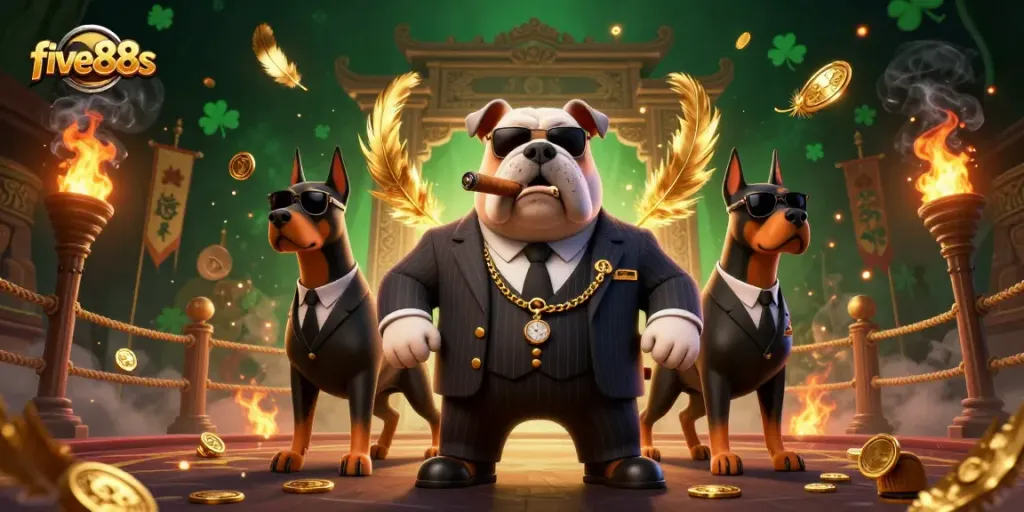 Engage in thrilling action at five88s casino with a vivid mafia-themed illustration featuring a bulldog and Doberman bodyguards.