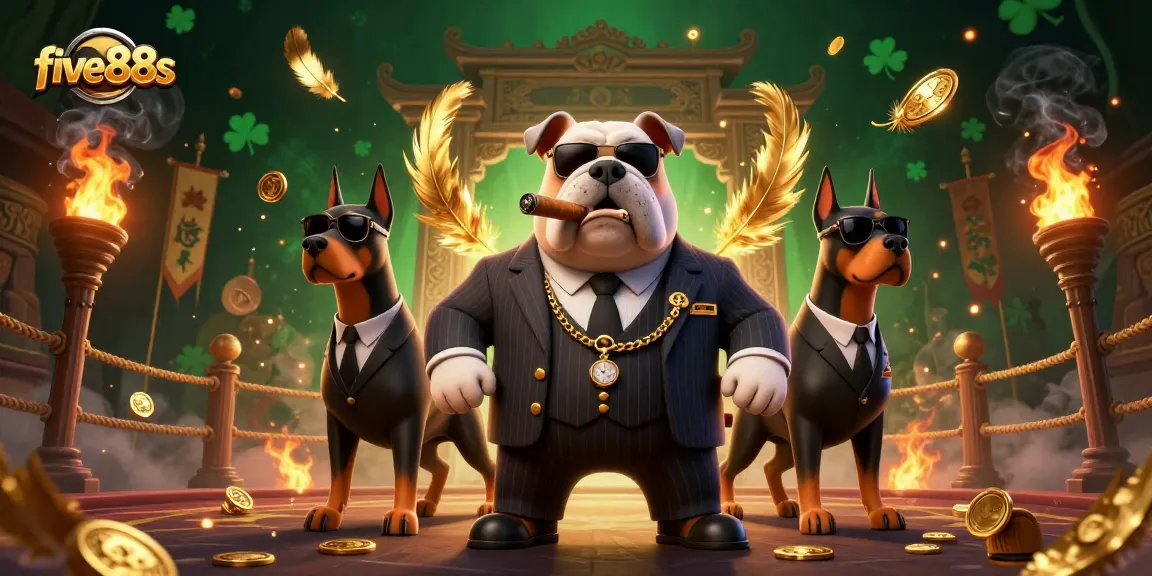 Engage in thrilling action at five88s casino with a vivid mafia-themed illustration featuring a bulldog and Doberman bodyguards.