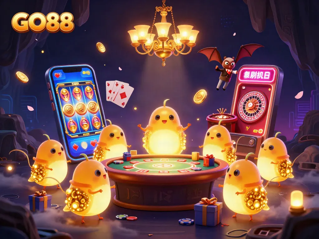 Experience GO88's vibrant casino atmosphere with glowworms illuminating the gaming adventure.